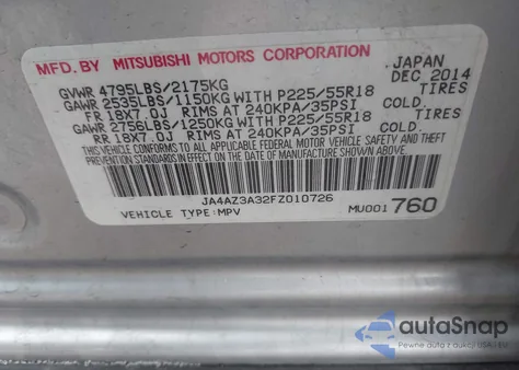 2015 Mitsubishi Outlander Se from USA, damaged, VIN JA4AZ3A32FZ010726